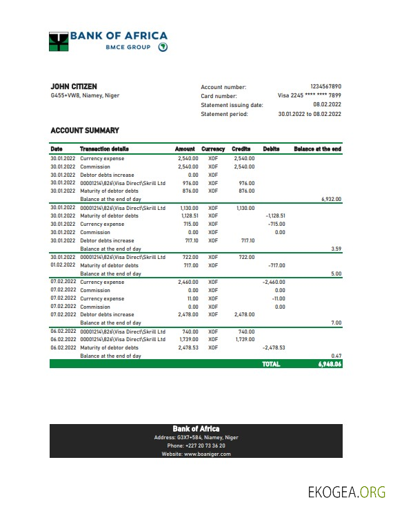 Modèle Excel et PDF de relevé bancaire de la Niger Bank of Africa